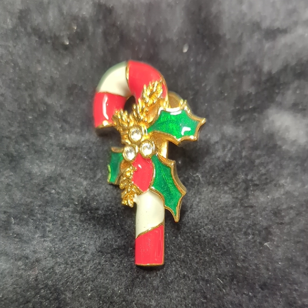 Festive Candy Cane Brooch with Holly Accents